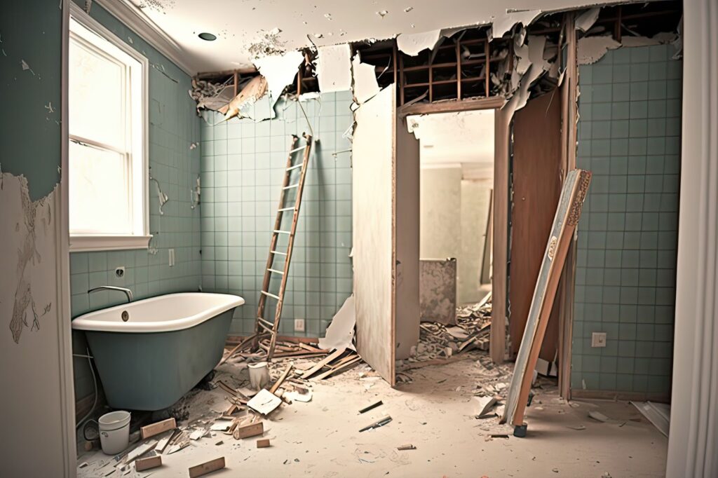 A bathroom with a tub and a ladder, showcasing interior demolition services.