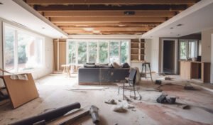 An empty room with a couch and table, undergoing interior demolition
