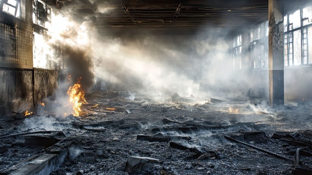 Burned-out building interior with smoke, flames, and debris under sunlight streaming through windows.