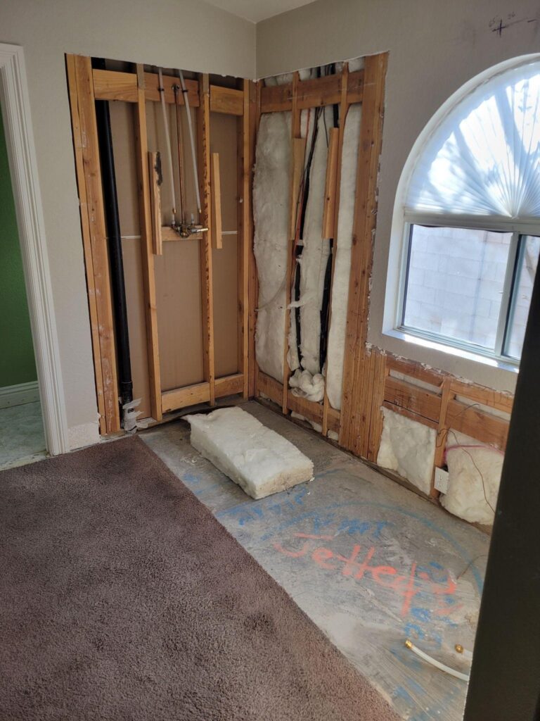 Partially demolished bathroom showing exposed wooden studs and insulation